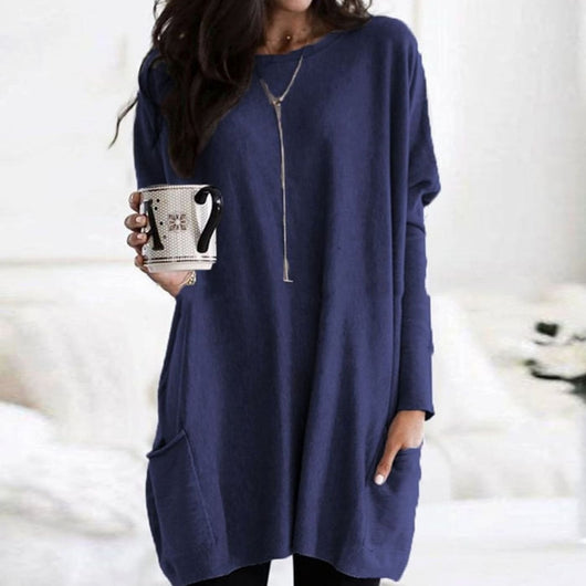 Leonie | Langer Damenpullover Oversized Rundhals mit Taschen
