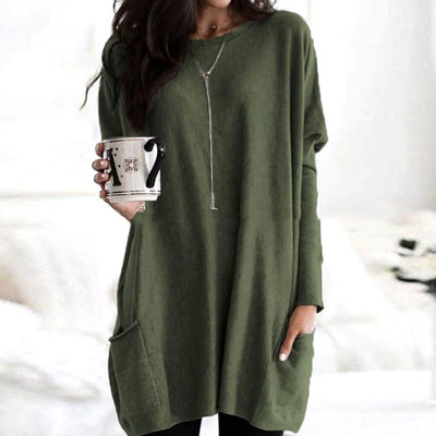 Leonie | Langer Damenpullover Oversized Rundhals mit Taschen
