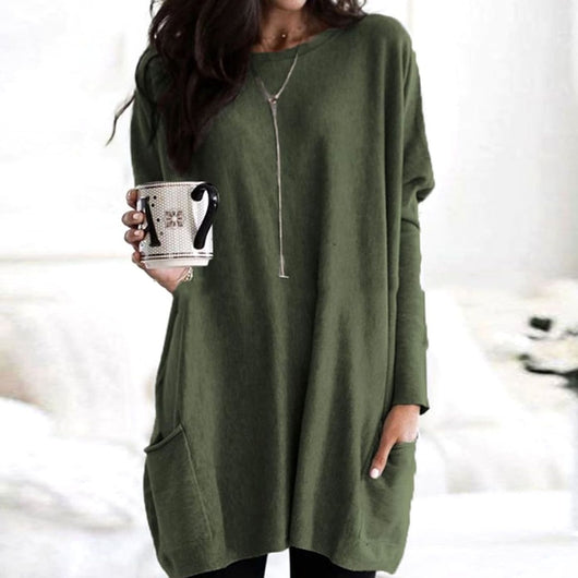 Leonie | Langer Damenpullover Oversized Rundhals mit Taschen