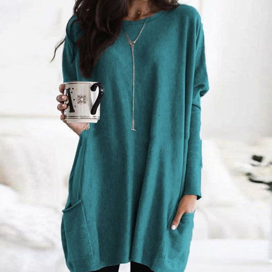 Leonie | Langer Damenpullover Oversized Rundhals mit Taschen