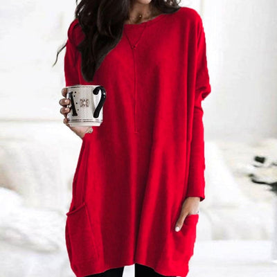 Leonie | Langer Damenpullover Oversized Rundhals mit Taschen