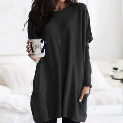 Leonie | Langer Damenpullover Oversized Rundhals mit Taschen