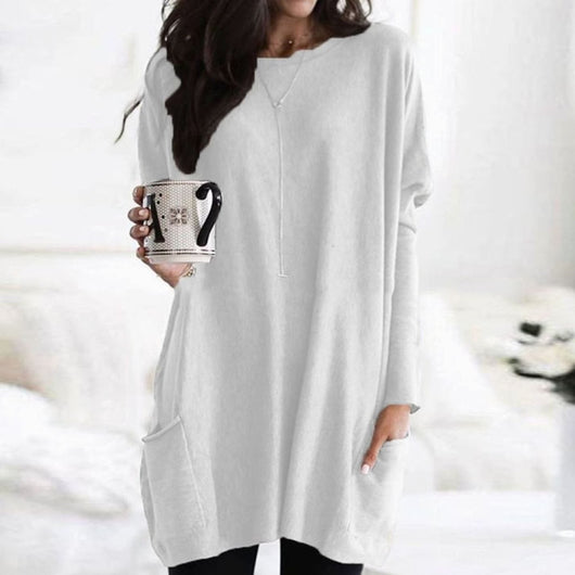Leonie | Langer Damenpullover Oversized Rundhals mit Taschen