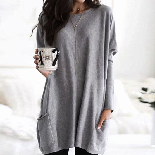 Leonie | Langer Damenpullover Oversized Rundhals mit Taschen