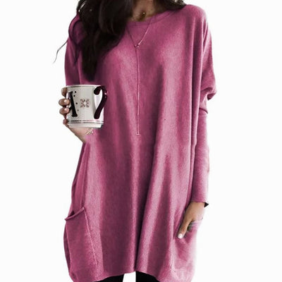 Leonie | Langer Damenpullover Oversized Rundhals mit Taschen