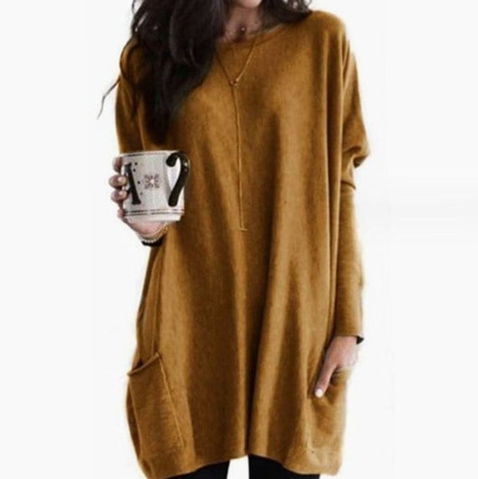 Leonie | Langer Damenpullover Oversized Rundhals mit Taschen
