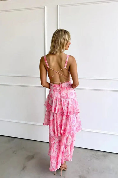 Emilia | Damen Elegantes Geblümtes Stufen-Maxikleid