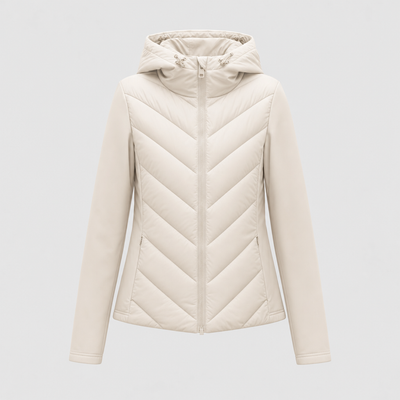 Marchmont Hooded Quilted Jacket in beige, product shot
