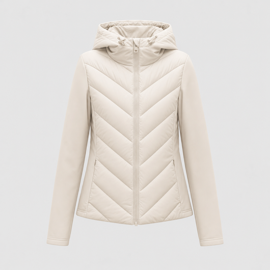 Marchmont Hooded Quilted Jacket in beige, product shot