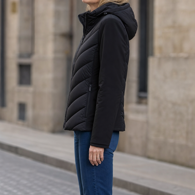 Marchmont Hooded Quilted Jacket in black, side view