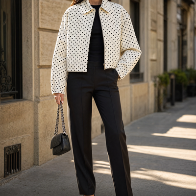 Margaux polka dot cropped bomber jacket, front view
