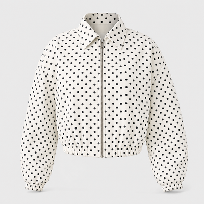 Margaux polka dot bomber jacket product shot on light grey background