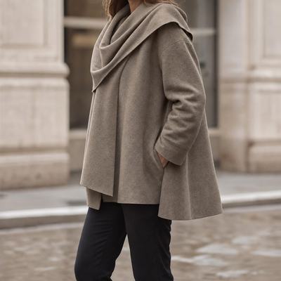 Oakworth Shawl Collar Padded Parka in dark khaki worn with black trousers, front view