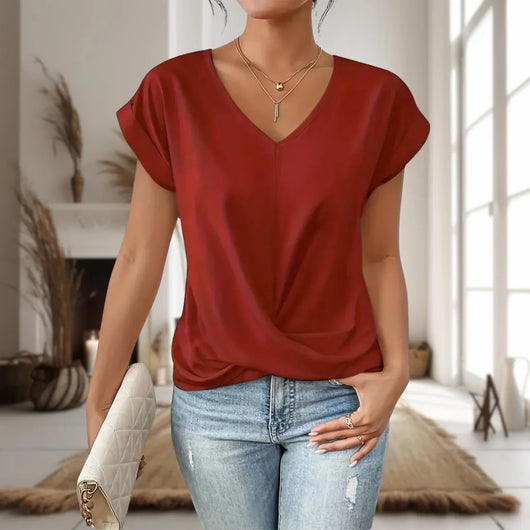 Elfriede | Damen Elegante V-Ausschnitt Bluse Mit Twist Saum