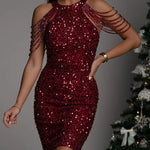 Hannah | Ärmelloses Pailletten Partykleid mit Schulterkettendetail