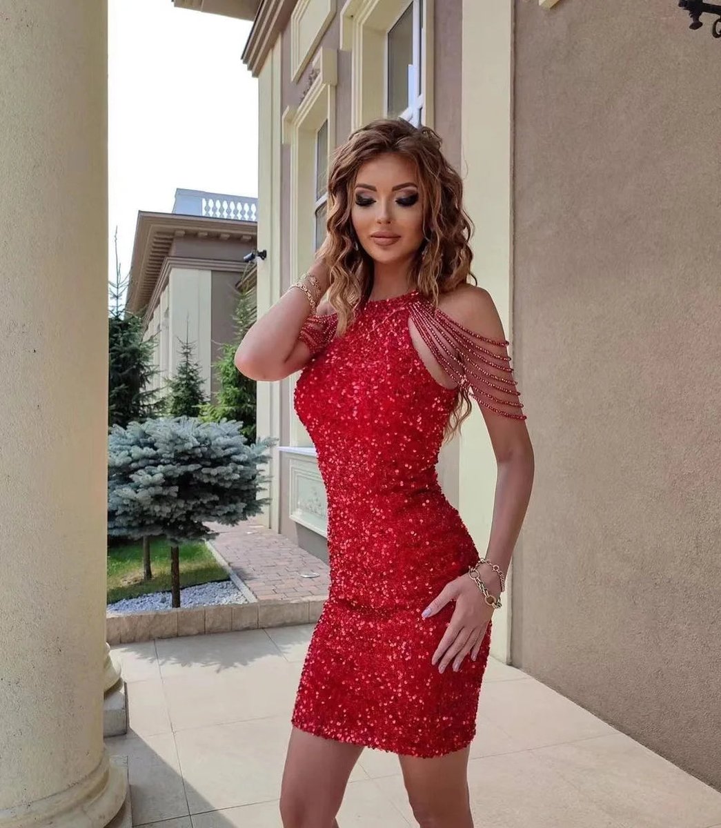 Hannah | Ärmelloses Pailletten Partykleid mit Schulterkettendetail