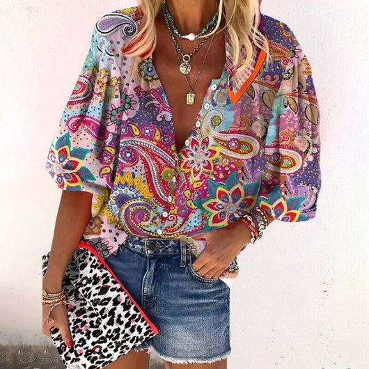 Isla Boho-Print Bluse mit Trompetenärmeln