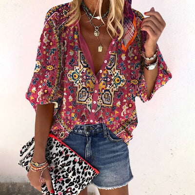 Isla Boho-Print Bluse mit Trompetenärmeln