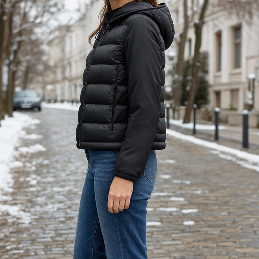 Sedgley Hooded Down Puffer in black, side view