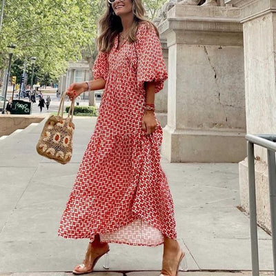 Flora | Boho-bedrucktes Maxikleid mit Puffärmeln und V-Ausschnitt