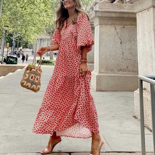 Flora | Boho-bedrucktes Maxikleid mit Puffärmeln und V-Ausschnitt
