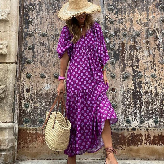 Flora | Boho-bedrucktes Maxikleid mit Puffärmeln und V-Ausschnitt