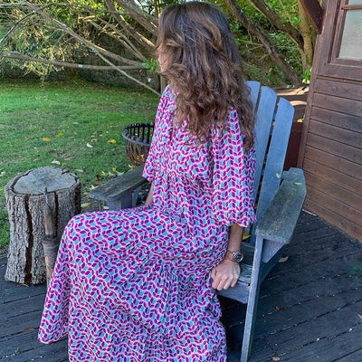Flora | Boho-bedrucktes Maxikleid mit Puffärmeln und V-Ausschnitt