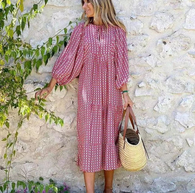 Flora | Boho-bedrucktes Maxikleid mit Puffärmeln und V-Ausschnitt