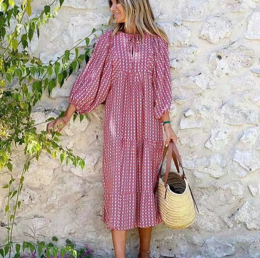 Flora | Boho-bedrucktes Maxikleid mit Puffärmeln und V-Ausschnitt