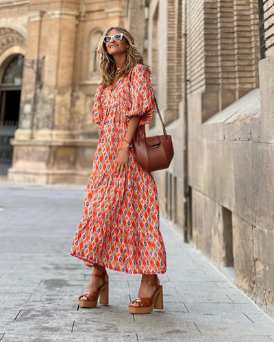 Flora | Boho-bedrucktes Maxikleid mit Puffärmeln und V-Ausschnitt
