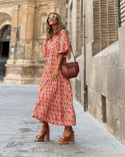 Flora | Boho-bedrucktes Maxikleid mit Puffärmeln und V-Ausschnitt
