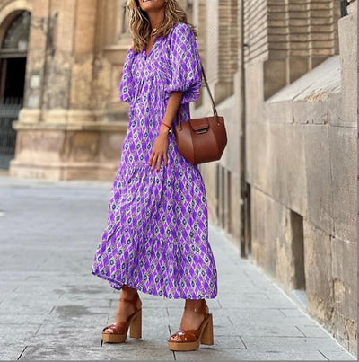 Flora | Boho-bedrucktes Maxikleid mit Puffärmeln und V-Ausschnitt