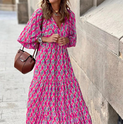 Flora | Boho-bedrucktes Maxikleid mit Puffärmeln und V-Ausschnitt