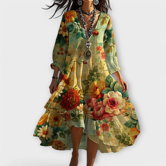 Eva | Damen Vintage Boho V-Ausschnitt Sommerkleid