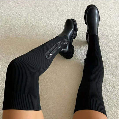 Elfriede | Stiefel Damen Overknee Plateau Stretch-Oberschenkelhohe Boots