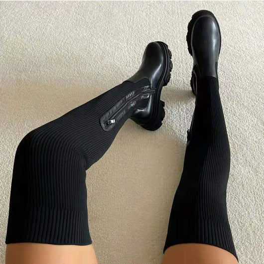 Elfriede | Stiefel Damen Overknee Plateau Stretch-Oberschenkelhohe Boots