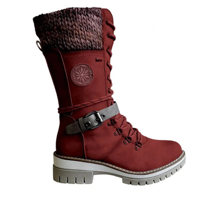 Hannah | Stiefel Damen Wasserfeste Schnürstiefel Kunstleder Strickschaft Schnalle
