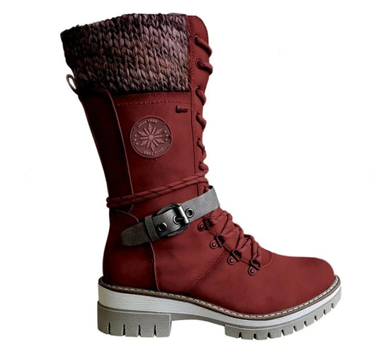 Hannah | Stiefel Damen Wasserfeste Schnürstiefel Kunstleder Strickschaft Schnalle