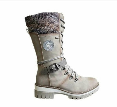 Hannah | Stiefel Damen Wasserfeste Schnürstiefel Kunstleder Strickschaft Schnalle