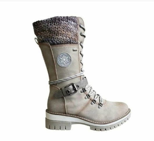Hannah | Stiefel Damen Wasserfeste Schnürstiefel Kunstleder Strickschaft Schnalle