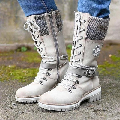 Hannah | Stiefel Damen Wasserfeste Schnürstiefel Kunstleder Strickschaft Schnalle
