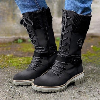 Hannah | Stiefel Damen Wasserfeste Schnürstiefel Kunstleder Strickschaft Schnalle