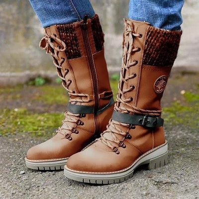 Hannah | Stiefel Damen Wasserfeste Schnürstiefel Kunstleder Strickschaft Schnalle