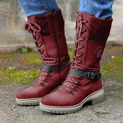 Hannah | Stiefel Damen Wasserfeste Schnürstiefel Kunstleder Strickschaft Schnalle