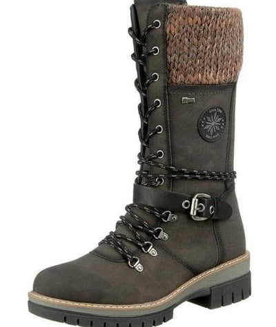 Hannah | Stiefel Damen Wasserfeste Schnürstiefel Kunstleder Strickschaft Schnalle