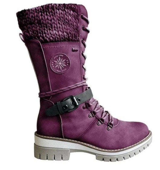 Hannah | Stiefel Damen Wasserfeste Schnürstiefel Kunstleder Strickschaft Schnalle