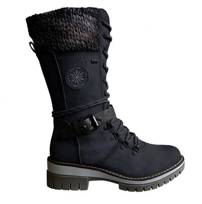 Hannah | Stiefel Damen Wasserfeste Schnürstiefel Kunstleder Strickschaft Schnalle