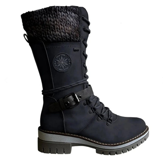 Hannah | Stiefel Damen Wasserfeste Schnürstiefel Kunstleder Strickschaft Schnalle