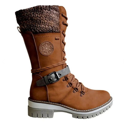 Hannah | Stiefel Damen Wasserfeste Schnürstiefel Kunstleder Strickschaft Schnalle