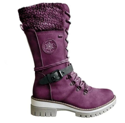 Hannah | Stiefel Damen Wasserfeste Schnürstiefel Kunstleder Strickschaft Schnalle